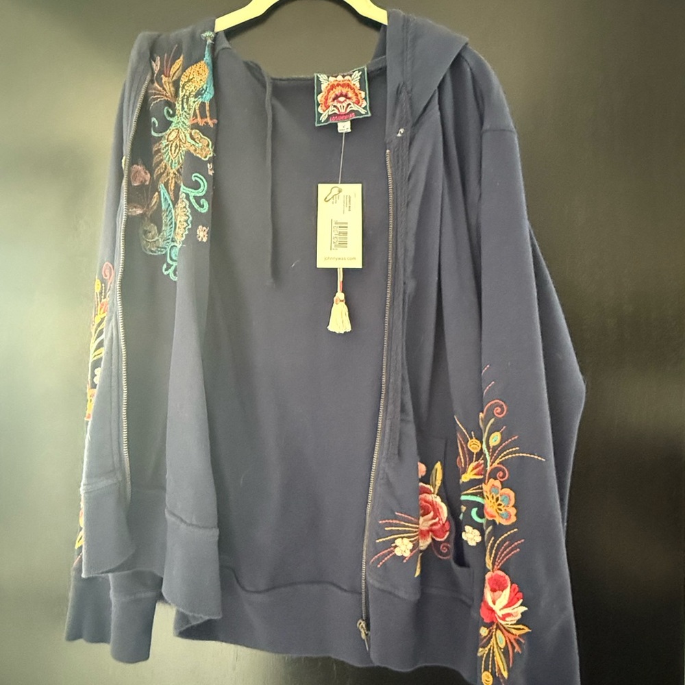 Johnny Was Navy Bomber Jacket with Embroidered Peacock